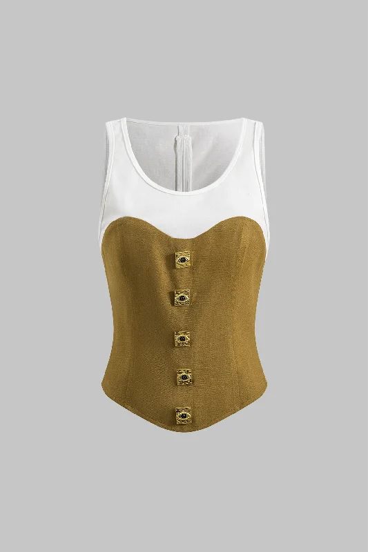 Linen Metallic Decor Patchwork Zipper Tank Top