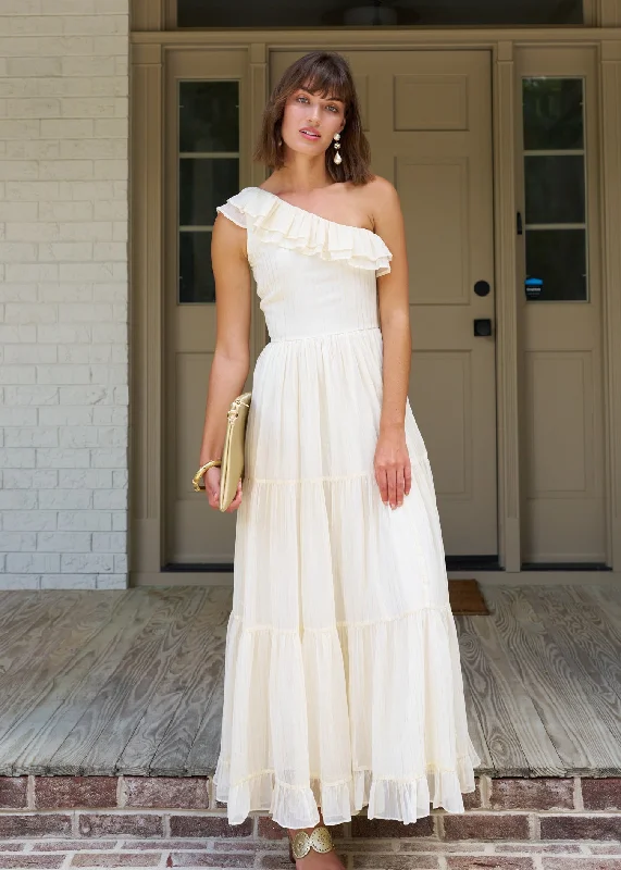 Ivory Metallic One Shoulder Maxi Dress