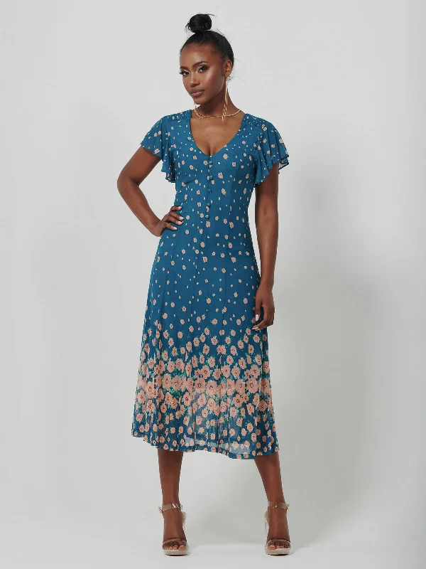 Mirrored Mesh Fit & Flare Midi Dress, Teal floral