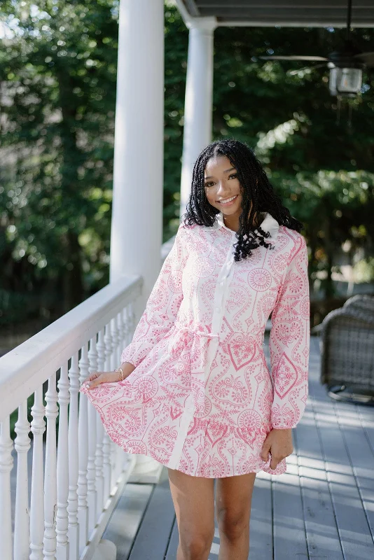 Pink Embroidered Button Up Dress