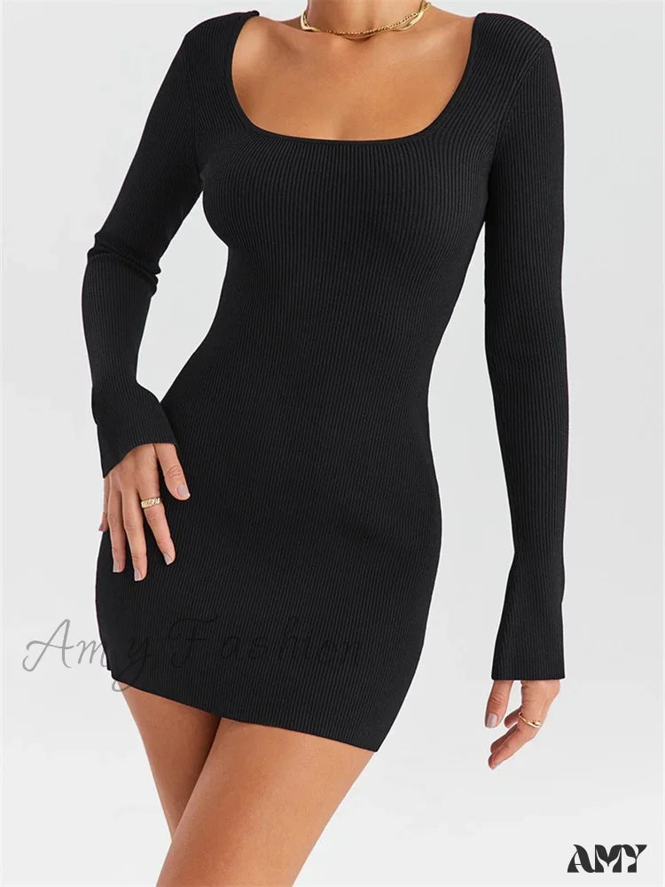 Amy Fashion - Knitted Ribbed Party Solid Long Sleeve Square Neck Mini Dress