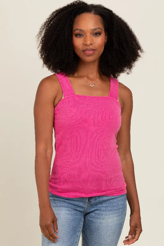 Fuchsia Ribbed Square Neck Tank Top