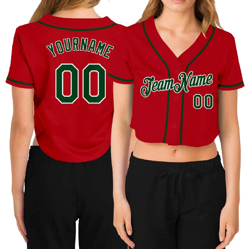 Custom Women's Red Green-White V-Neck Cropped Baseball Jersey