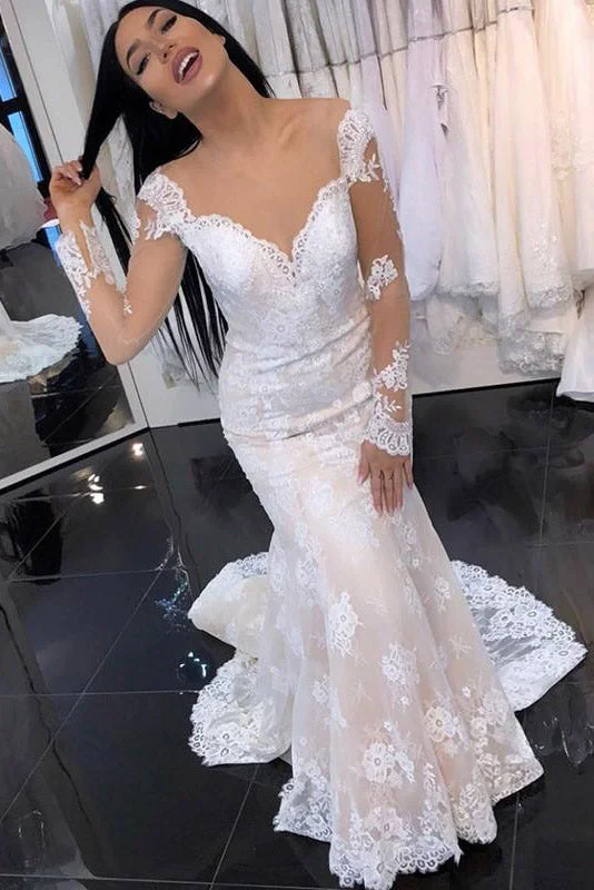 Princess Long Sleeves Mermaid V-Neck Ivory Wedding Dress with Lace