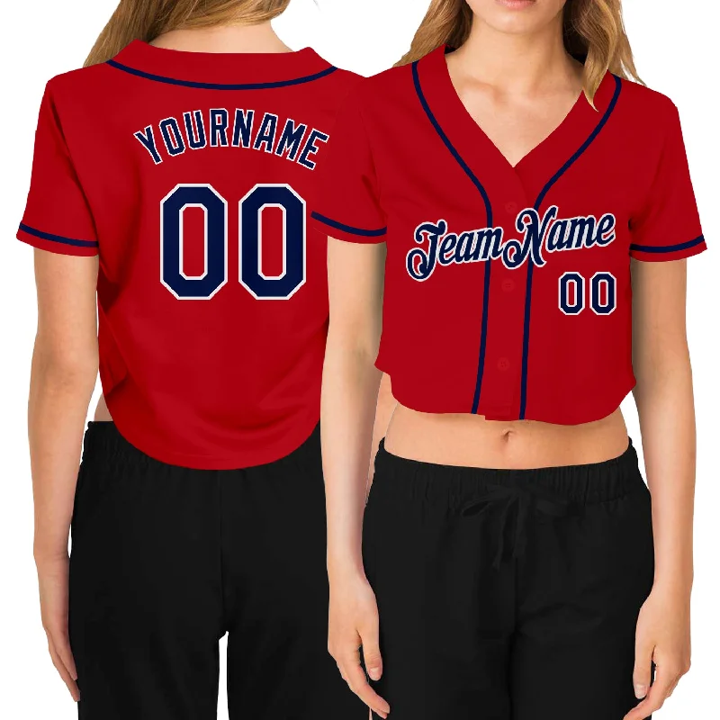 Custom Women's Red Navy-White V-Neck Cropped Baseball Jersey