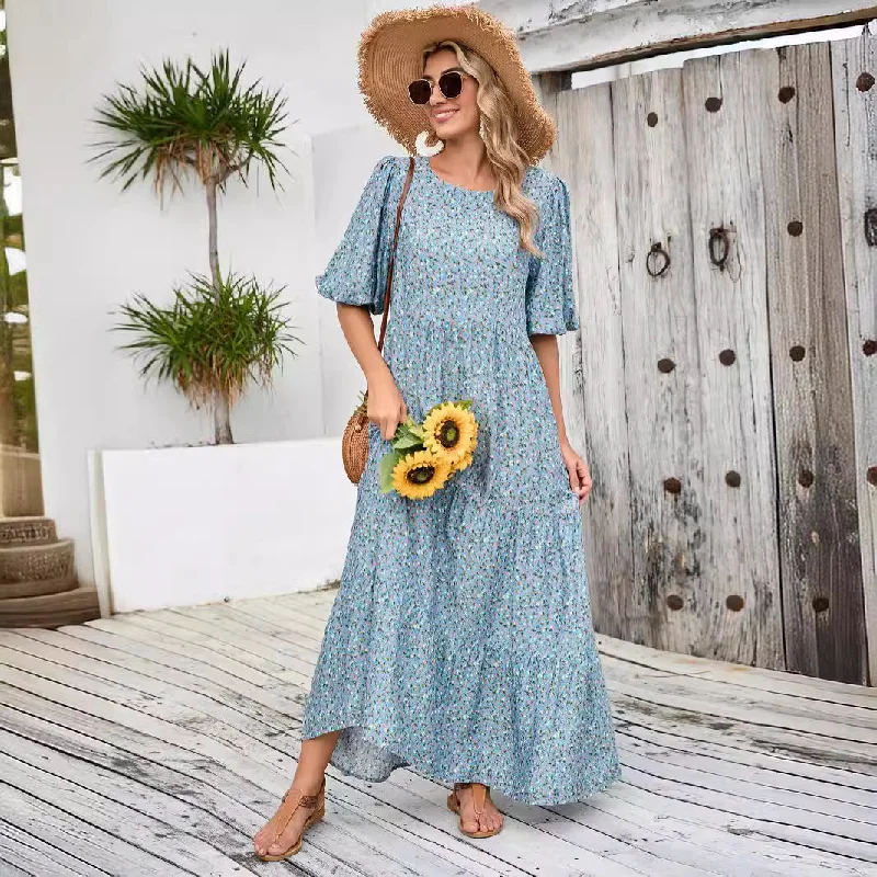 Popularan, 2025n New Popular trade Middle East robe loose round neck medium sleeve dress large size retro casual floral dress women