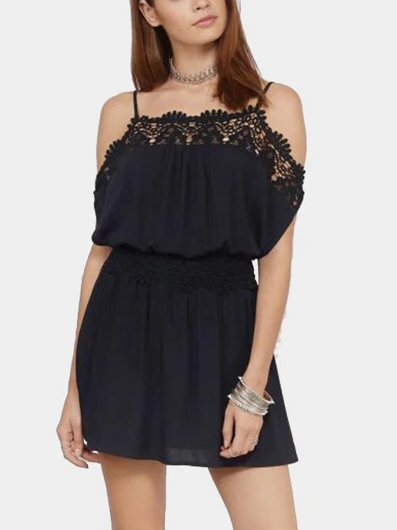 Wholesale Black Cold Shoulder Short Sleeve Crochet Lace Embellished Mini Dress