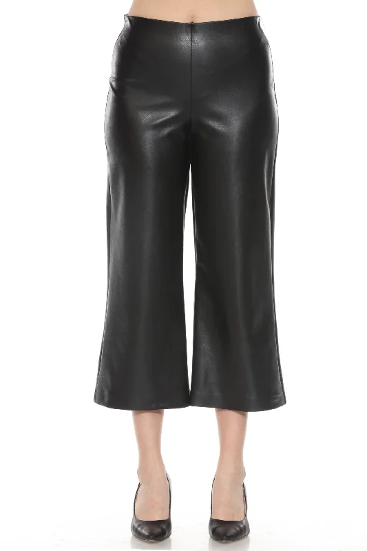 Joseph Ribkoff Black Faux Leather Cropped Wide Leg Pants 243042