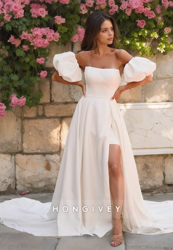 Satin A-Line Bateau Puff Sleeves Detachable Train Wedding Dress