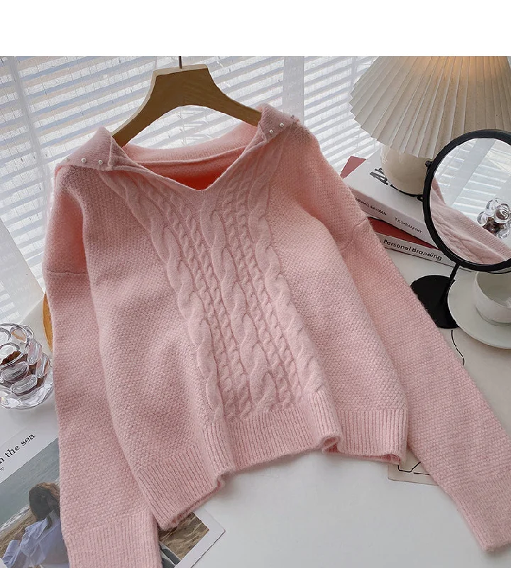 Sweet niche design nail bead V-neck twist long sleeve top  6018