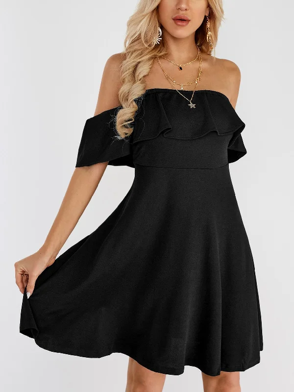 Wholesale Black Off The Shoulder Short Sleeve Plain Fashion Mini Dress