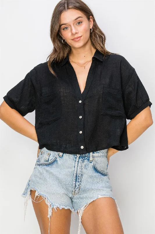 Black Cotton Gauze Crop Shirt