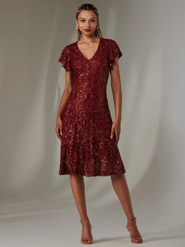 Sequin Fit & Flare Midi Dress, Burgundy Multi