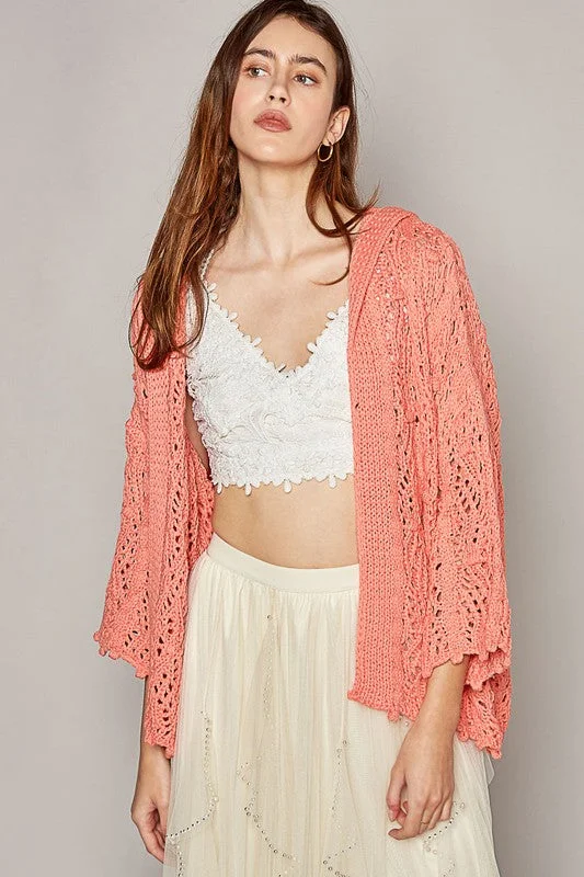 Open Weaving Long Sleeve Hoodie Sweater Cardigan in Coral