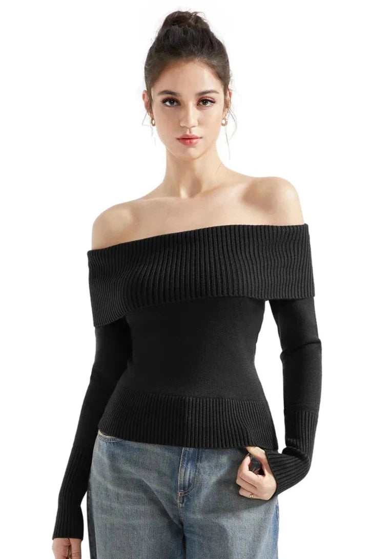 Ribbed Off Shoulder Sweater Shirt - Long Sleeve