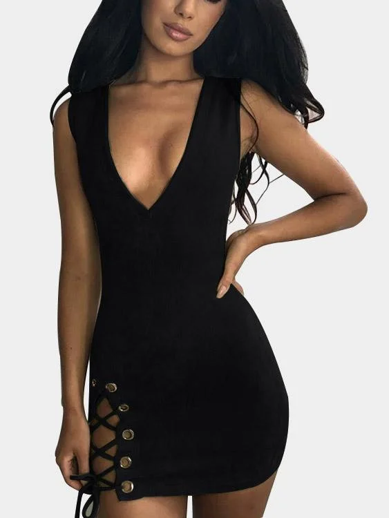 Wholesale Black Deep V Neck Sleeveless Zip Back Lace-Up Bodycon Hem Mini Dress