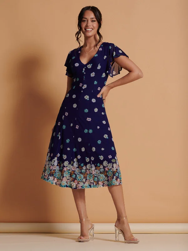 Mirrored Print Mesh Fit & Flare Midi Dress, Blue Floral