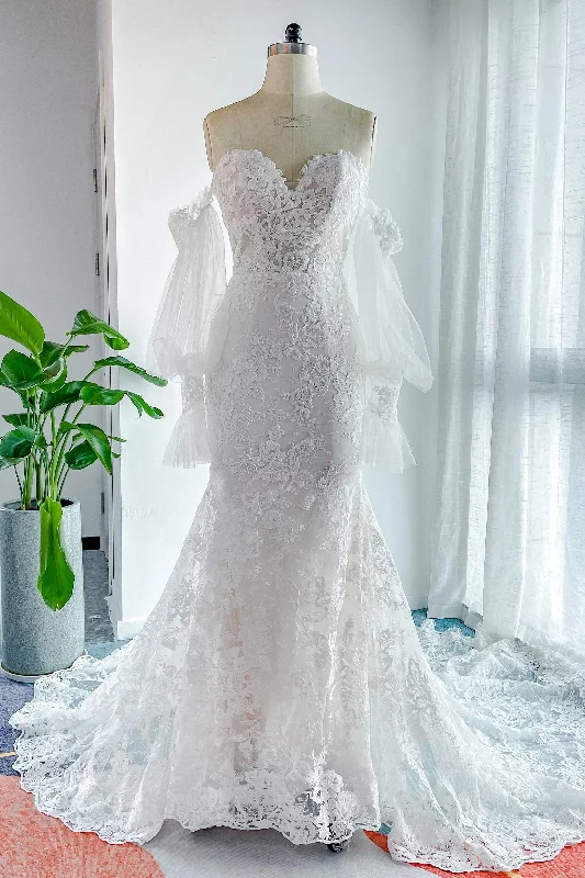 Trumpet-Mermaid Court Train Lace Tulle Wedding Dress CW3148