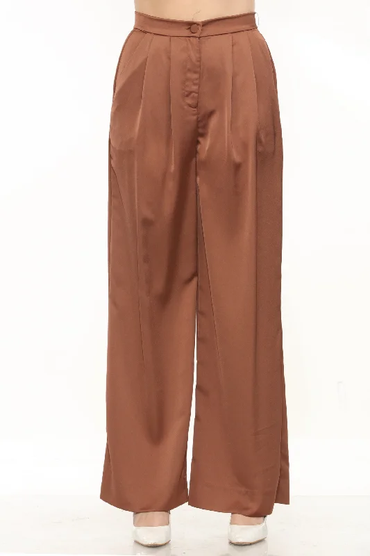 Joseph Ribkoff Chestnut Pleated High Waist Satin Wide Leg Pants 244035