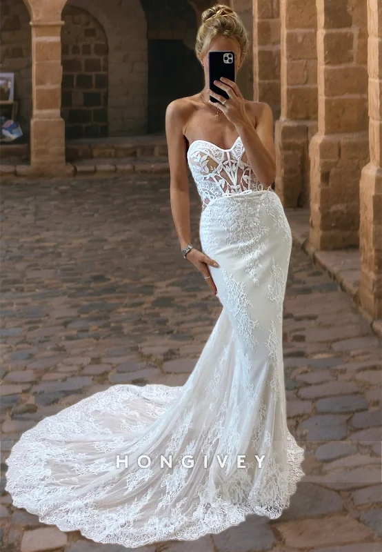 Sweetheart Trumpet Lace Applique Illusion With Train Wedding Dress