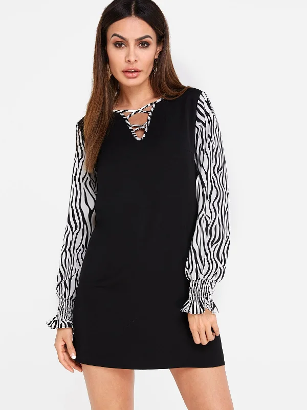 Wholesale Black V-Neck Long Sleeve Zebra Criss-Cross Mini Dress