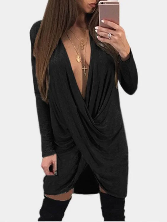 Wholesale Black V-Neck Long Sleeve Crossed Front Mini Dress