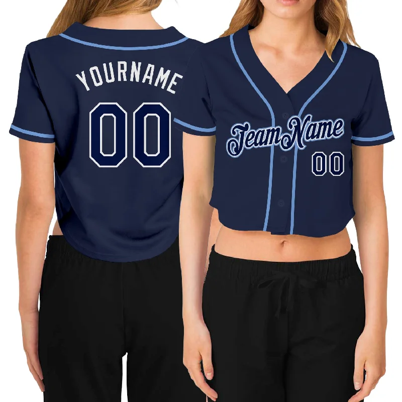 Custom Women's Navy Navy-White V-Neck Cropped Baseball Jersey