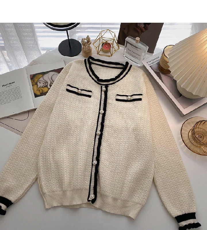 Xiaoxiangfeng color matching round neck sweater cardigan female  6011