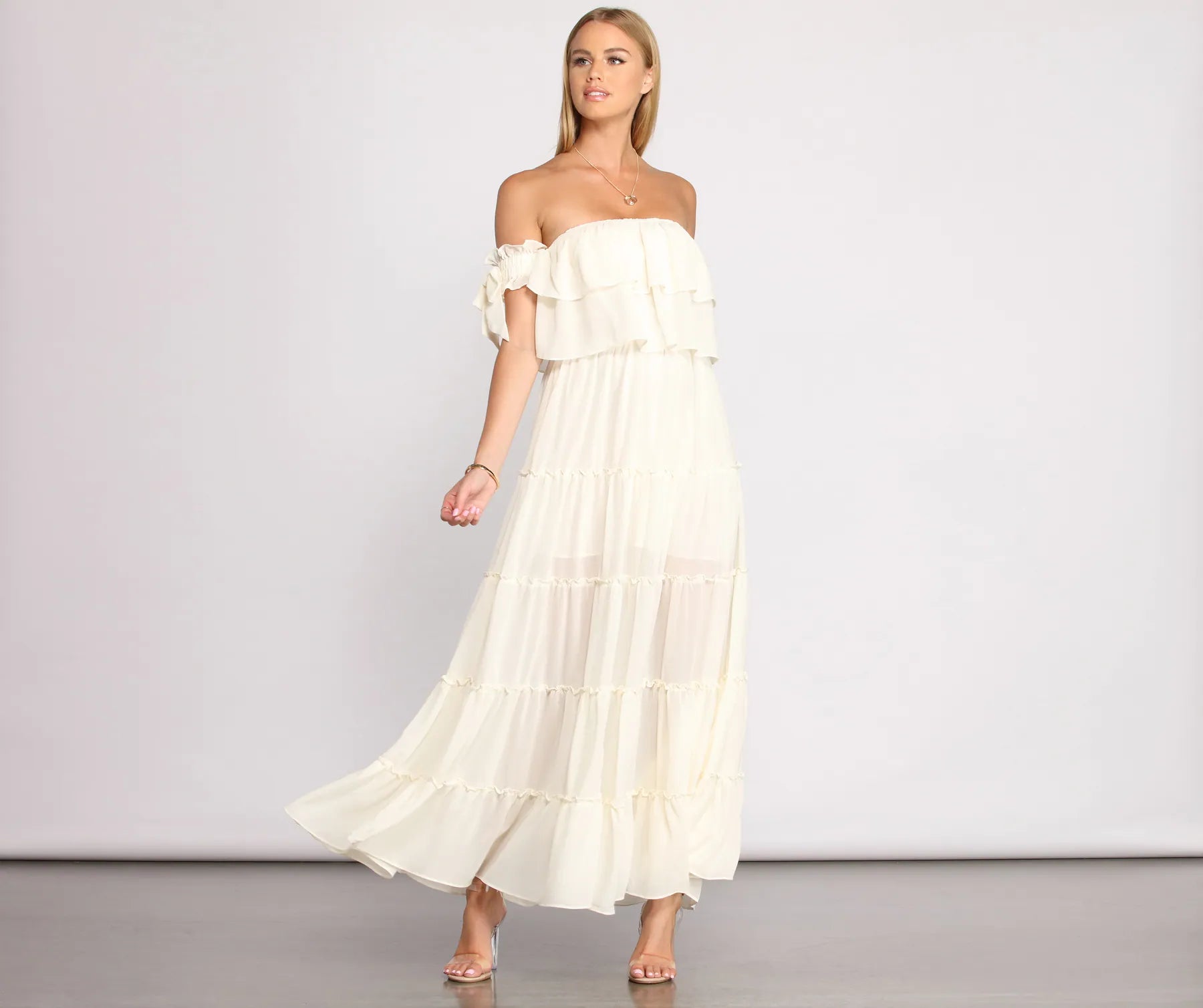 Ruffled Romance Off The Shoulder Maxi Dress