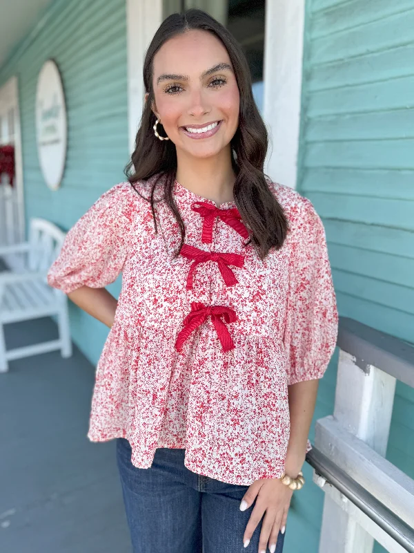 The Cherry Bow Floral Top-Red