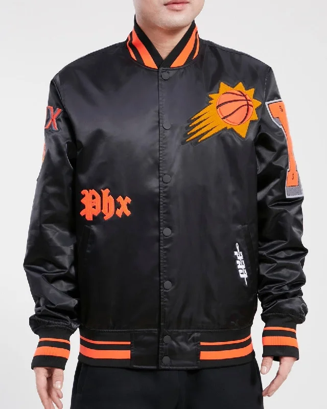 NBA PHOENIX SUNS OLD ENGLISH LOGO MEN'S SATIN JACKET (BLACK/ORANGE)