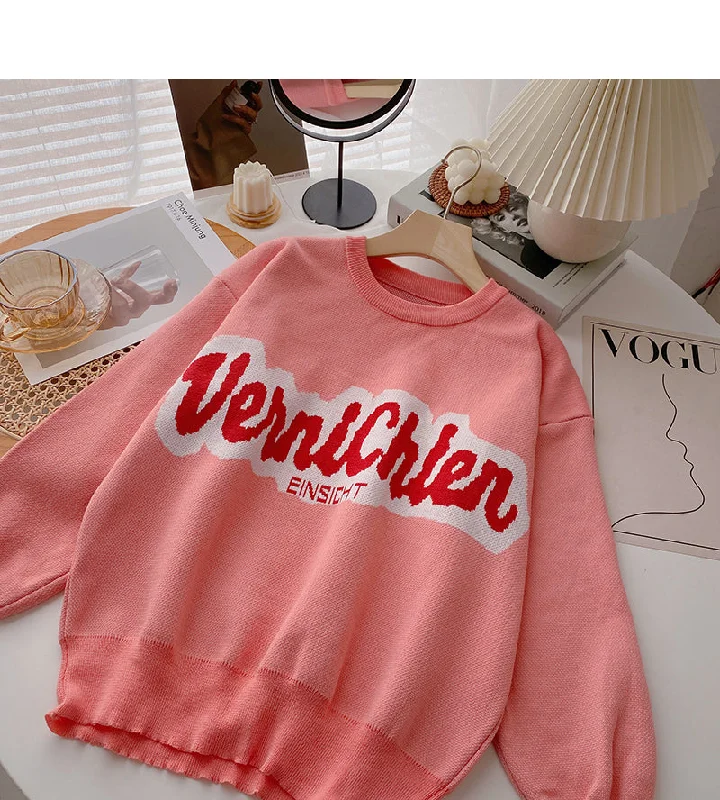 Letter contrast loose lazy long sleeve Pullover Sweater  6016