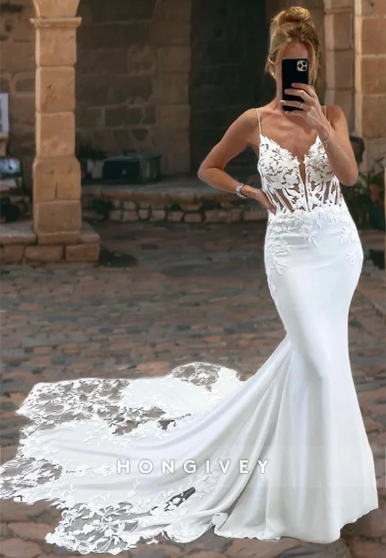 Trumpet V-Neck Spaghetti Straps Lace Applique With Train Wedding Dress