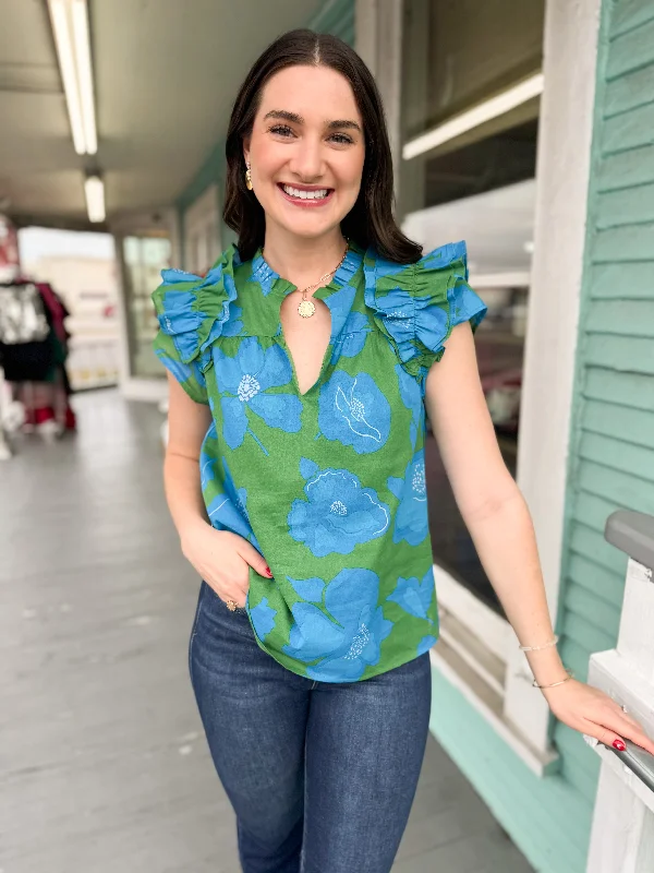 The Rori Floral Ruffle Top-Blue/Green