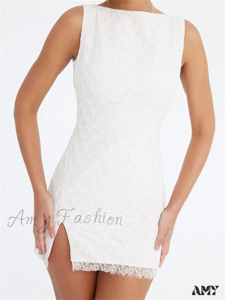 Amy Fashion - Lace Floral Elegant Sleeveless Backless Lace Mini Dress