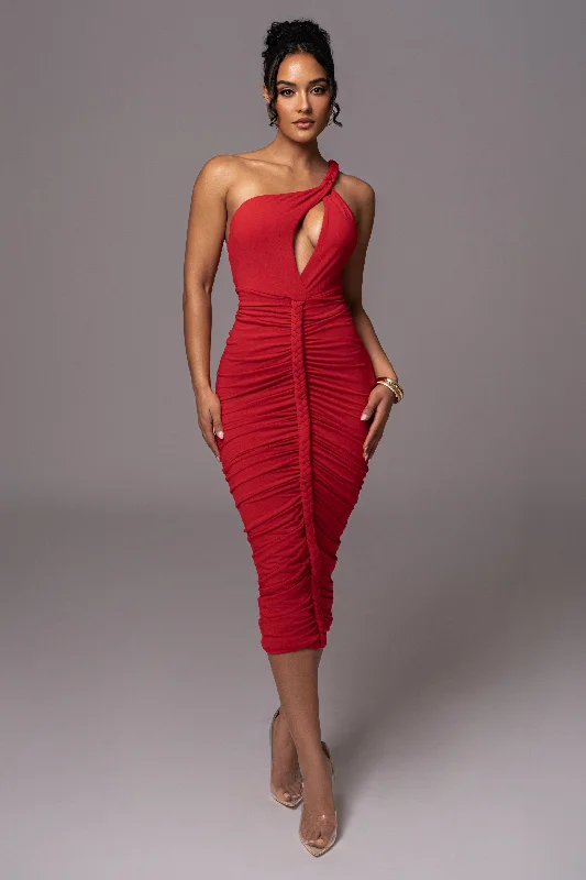 Red Jess Ruched Midi Dress